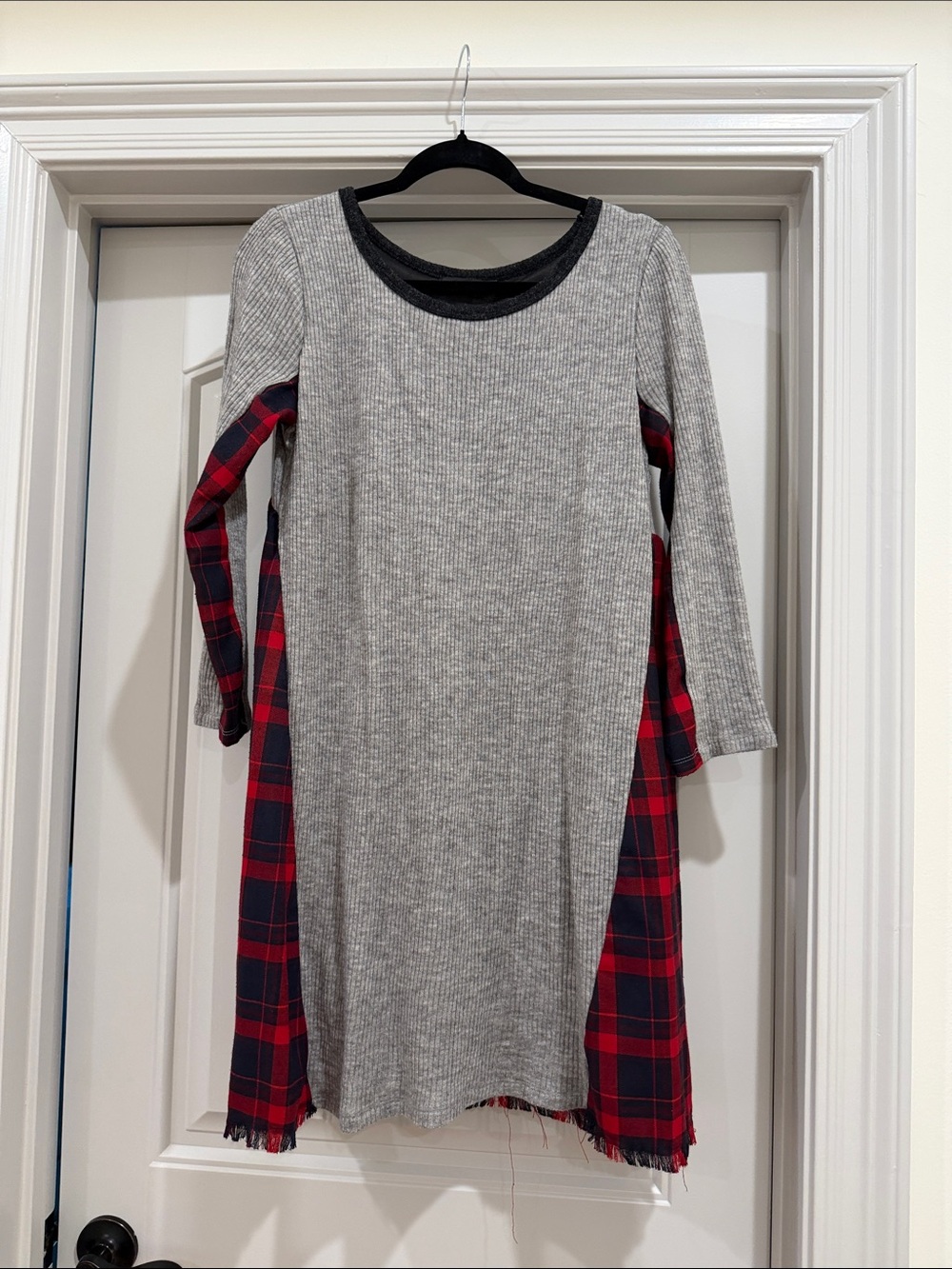 THML Gray Ribbed Dress with Red & Navy Plaid Side Panels